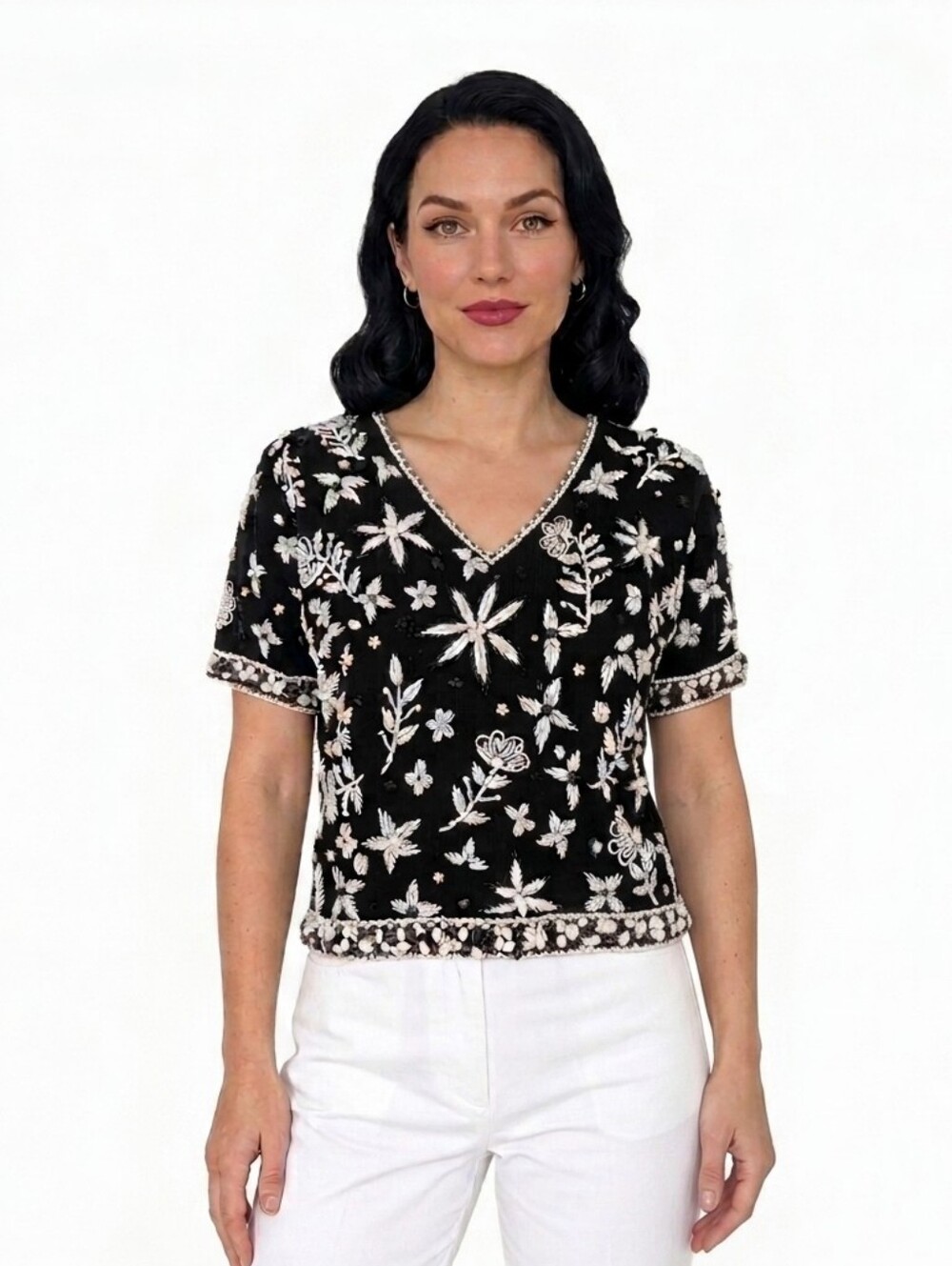 Pandora Vintage Hong Kong Beaded Sequined Wool Sweater Top Black Floral Size 36